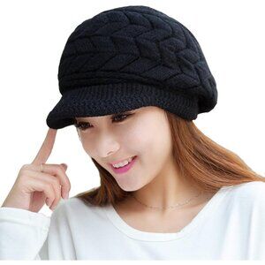 〽️Women’s Black Winter Warm Knit Wool Snow Ski Hat with Visor